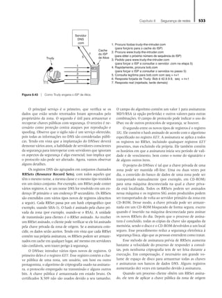 Capítulo 8   Segurança de redes 533
O principal serviço é o primeiro, que verifica se os
dados que estão sendo retornados foram aprovados pelo
proprietário da zona. O segundo é útil para armazenar e
recuperar chaves públicas com segurança. O terceiro é ne-
cessário como proteção contra ataques por reprodução e
spoofing. Observe que o sigilo não é um serviço oferecido,
pois todas as informações no DNS são consideradas públi-
cas. Tendo em vista que a implantação do DNSsec deverá
demorar vários anos, a habilidade de servidores conscientes
da segurança para interoperar com servidores que ignoram
os aspectos da segurança é algo essencial; isso implica que
o protocolo não pode ser alterado. Agora, vamos observar
alguns detalhes.
Os registros DNS são agrupados em conjuntos chamados
RRSets (Resource Record Sets), com todos aqueles que
têm o mesmo nome, a mesma classe e o mesmo tipo reunidos
em um único conjunto. Por exemplo, um RRSet pode conter
vários registros A, se um nome DNS for resolvido em um en-
dereço IP primário e um endereço IP secundário. Os RRSets
são estendidos com vários tipos novos de registros (descritos
a seguir). Cada RRSet passa por um hash criptográfico (por
exemplo, usando SHA-1). O hash é assinado pela chave pri-
vada da zona (por exemplo, usando-se o RSA). A unidade
de transmissão para clientes é o RRSet assinado. Ao receber
um RRSet assinado, o cliente pode verificar se ele foi assinado
pela chave privada da zona de origem. Se a assinatura coin-
cidir, os dados serão aceitos. Tendo em vista que cada RRSet
contém sua própria assinatura, os RRSets podem ser armaze-
nados em cache em qualquer lugar, até mesmo em servidores
não confiáveis, sem trazer perigo à segurança.
O DNSsec introduz vários tipos novos de registros. O
primeiro deles é o registro KEY. Esse registro contém a cha-
ve pública de uma zona, um usuário, um host ou outro
protagonista, o algoritmo de criptografia usado na assinatu-
ra, o protocolo empregado na transmissão e alguns outros
bits. A chave pública é armazenada em estado bruto. Os
certificados X.509 não são usados devido a seu tamanho.
O campo do algoritmo contém um valor 1 para assinaturas
MD5/RSA (a opção preferida) e outros valores para outras
combinações. O campo de protocolo pode indicar o uso do
IPsec ou de outros protocolos de segurança, se houver.
O segundo entre os novos tipos de registros é o registro
SIG. Ele contém o hash assinado de acordo com o algoritmo
especificado no registro KEY. A assinatura se aplica a todos
os registros no RRSet, incluindo quaisquer registros KEY
presentes, mas excluindo ela própria. Ele também contém
os horários em que a assinatura inicia seu período de vali-
dade e de vencimento, bem como o nome do signatário e
de alguns outros itens.
O projeto do DNSsec é tal que a chave privada de uma
zona pode ser mantida off-line. Uma ou duas vezes por
dia, o conteúdo do banco de dados de uma zona pode ser
transportado manualmente (por exemplo, em CD-ROM)
para uma máquina desconectada na qual a chave priva-
da está localizada. Todos os RRSets podem ser assinados
nessa máquina e os registros SIG assim produzidos podem
ser transportados de volta ao servidor primário da zona em
CD-ROM. Desse modo, a chave privada pode ser armaze-
nada em um CD-ROM bloqueado de forma segura, exceto
quando é inserido na máquina desconectada para assinar
os novos RRSets do dia. Depois que o processo de assina-
tura é concluído, todas as cópias da chave são apagadas da
memória, sendo o disco e o CD-ROM devolvidos a um local
seguro. Esse procedimento reduz a segurança eletrônica à
segurança física, algo que as pessoas entendem como tratar.
Esse método de assinatura prévia de RRSets aumenta
bastante a velocidade do processo de responder a consul-
tas, pois nenhuma criptografia tem de ser feita durante a
execução. Em compensação, é necessário um grande vo-
lume de espaço de disco para armazenar todas as chaves
e assinaturas nos bancos de dados DNS. Alguns registros
aumentarão dez vezes em tamanho devido à assinatura.
Quando um processo cliente obtém um RRSet assina-
do, ele tem de aplicar a chave pública da zona de origem
1. Procura foobar.trudy-the-intruder.com
(para forçá-lo para o cache do ISP)
2. Procura www.trudy-the-intruder.com
(para obter o próximo número de sequência do ISP)
3. Pedido para www.trudy-the-intruder.com
(para forçar o ISP a consultar o servidor .com na etapa 5)
4. Rapidamente, procura bob.com
(para forçar o ISP a consultar o servidos no passo 5)
5. Consulta legítima para bob.com com seq = n+1
6. Resposta forjada de Trudy: Bob é 42.9.9.9, seq = n+1
7. Resposta real (rejeitada; tarde demais)
Cache
do ISP
de Alice
Servidor
DNS
.com
Trudy 5
7
1
2
3
4
6
Figura 8.43 z Como Trudy engana o ISP de Alice.
08_tanen0809_cap08 BR.indd 533 4/25/11 3:08 PM
 