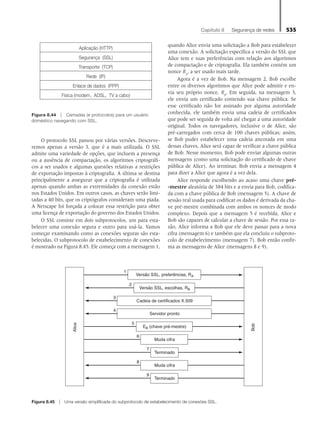 Capítulo 8   Segurança de redes 535
O protocolo SSL passou por várias versões. Descreve-
remos apenas a versão 3, que é a mais utilizada. O SSL
admite uma variedade de opções, que incluem a presença
ou a ausência de compactação, os algoritmos criptográfi-
cos a ser usados e algumas questões relativas a restrições
de exportação impostas à criptografia. A última se destina
principalmente a assegurar que a criptografia é utilizada
apenas quando ambas as extremidades da conexão estão
nos Estados Unidos. Em outros casos, as chaves serão limi-
tadas a 40 bits, que os criptógrafos consideram uma piada.
A Netscape foi forçada a colocar essa restrição para obter
uma licença de exportação do governo dos Estados Unidos.
O SSL consiste em dois subprotocolos, um para esta-
belecer uma conexão segura e outro para usá-la. Vamos
começar examinando como as conexões seguras são esta-
belecidas. O subprotocolo de estabelecimento de conexões
é mostrado na Figura 8.45. Ele começa com a mensagem 1,
quando Alice envia uma solicitação a Bob para estabelecer
uma conexão. A solicitação especifica a versão do SSL que
Alice tem e suas preferências com relação aos algoritmos
de compactação e de criptografia. Ela também contém um
nonce RA
, a ser usado mais tarde.
Agora é a vez de Bob. Na mensagem 2, Bob escolhe
entre os diversos algoritmos que Alice pode admitir e en-
via seu próprio nonce, RB
. Em seguida, na mensagem 3,
ele envia um certificado contendo sua chave pública. Se
esse certificado não for assinado por alguma autoridade
conhecida, ele também envia uma cadeia de certificados
que pode ser seguida de volta até chegar a uma autoridade
original. Todos os navegadores, inclusive o de Alice, são
pré-carregados com cerca de 100 chaves públicas; assim,
se Bob puder estabelecer uma cadeia ancorada em uma
dessas chaves, Alice será capaz de verificar a chave pública
de Bob. Nesse momento, Bob pode enviar algumas outras
mensagens (como uma solicitação do certificado de chave
pública de Alice). Ao terminar, Bob envia a mensagem 4
para dizer a Alice que agora é a vez dela.
Alice responde escolhendo ao acaso uma chave pré-
-mestre aleatória de 384 bits e a envia para Bob, codifica-
da com a chave pública de Bob (mensagem 5). A chave de
sessão real usada para codificar os dados é derivada da cha-
ve pré-mestre combinada com ambos os nonces de modo
complexo. Depois que a mensagem 5 é recebida, Alice e
Bob são capazes de calcular a chave de sessão. Por essa ra-
zão, Alice informa a Bob que ele deve passar para a nova
cifra (mensagem 6) e também que ela concluiu o subproto-
colo de estabelecimento (mensagem 7). Bob então confir-
ma as mensagens de Alice (mensagens 8 e 9).
Aplicação (HTTP)
Segurança (SSL)
Transporte (TCP)
Rede (IP)
Enlace de dados (PPP)
Física (modem, ADSL, TV a cabo)
Figura 8.44 z Camadas (e protocolos) para um usuário
doméstico navegando com SSL.
Versão SSL, preferências, RA
Versão SSL, escolhas, RB
Cadeia de certificados X.509
Servidor pronto
EB (chave pré-mestre)
Muda cifra
Terminado
Muda cifra
Terminado
9
7
8
Alice
Bob
6
5
4
3
2
1
Figura 8.45 z Uma versão simplificada do subprotocolo de estabelecimento de conexões SSL.
08_tanen0809_cap08 BR.indd 535 4/25/11 3:08 PM
 
