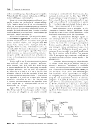 540 Redes de computadores
so ficou insatisfeito porque alguém divulgou seus segredos:
William Tyndale foi queimado na fogueira em 1536 por
traduzir a Bíblia para o idioma inglês).
Um segmento significativo da comunidade da Inter-
net foi ultrajado por essa brecha de confidencialidade.
Todos chegaram à conclusão de que um repostador anô-
nimo que armazena um mapeamento entre endereços
reais de correio eletrônico e pseudônimos (chamado re-
postador do tipo 1) não vale a pena. Esse caso estimulou
diversas pessoas a criar repostadores anônimos capazes
de resistir a ataques por intimação.
Esses novos repostadores, com frequência chama-
dos repostadores cypherpunk, funcionam da maneira
ilustrada a seguir. O usuário produz uma mensagem de
correio eletrônico completa, com cabeçalhos RFC 822
(exceto From:, é claro), codifica a mensagem com a cha-
ve pública do repostador e a envia ao repostador. Lá, os
cabeçalhos RFC 822 externos são extraídos, o conteúdo
é decodificado e a mensagem é repostada. O repostador
não tem contas e não mantém nenhum log; assim, mes-
mo que o servidor seja confiscado mais tarde, não con-
servará nenhum traço de mensagens que tenham passa-
do por ele.
Muitos usuários que desejam anonimato encadeiam
suas solicitações por vários repostadores anônimos,
como mostra a Figura 8.48. Aqui, Alice deseja enviar
a Bob um cartão pelo dia dos namorados (um cartão
realmente anônimo) e para isso utiliza três repostado-
res. Ela redige a mensagem, M, e insere um cabeçalho
contendo endereço de correio eletrônico de Bob. Em
seguida, codifica toda a mensagem com a chave pública
do repostador 3, E3
(indicada na figura pela hachura
horizontal). Para tanto, ela anexa um cabeçalho com
o endereço de correio eletrônico do repostador 3 em
texto simples. Essa é a mensagem mostrada entre os
repostadores 2 e 3 na figura.
Depois, Alice codifica a mensagem com a chave pú-
blica do repostador 2, E2
(indicada pela hachura vertical)
e acrescenta um cabeçalho de texto simples contendo
o endereço de correio eletrônico do repostador 2. Essa
mensagem é mostrada entre 1 e 2 na Figura 8.48. Por
fim, ela codifica a mensagem inteira com a chave pública
do repostador 1, E1
, e acrescenta um cabeçalho de texto
simples com o endereço de correio eletrônico do reposta-
dor 1. Essa é a mensagem mostrada à direita de Alice na
figura e é a mensagem que ela de fato transmite.
Quando a mensagem chega ao repostador 1, o cabe-
çalho exterior é extraído. O corpo é decodificado e depois
enviado por correio eletrônico para o repostador 2. Etapas
semelhantes ocorrem nos outros dois repostadores.
Embora seja extremamente difícil para alguém ras-
trear a mensagem final de volta até Alice, muitos repos-
tadores tomam precauções adicionais de segurança. Por
exemplo, eles podem reter as mensagens por um período
de tempo aleatório, adicionar ou remover lixo no fim de
uma mensagem e ainda reordenar as mensagens, tudo
para tornar mais difícil alguém descobrir que saída de
mensagem de um repostador corresponde a cada entra-
da, a fim de frustrar a análise de tráfego. Para ver a des-
crição de um sistema que representa o estado da arte
em correio eletrônico anônimo, consulte Mazières e Ka-
ashoek (1998).
O anonimato não se restringe ao correio eletrôni-
co. Também existem serviços que permitem a navegação
anônima na Web usando a mesma forma de caminho em
camadas, em que um nó só conhece o próximo nó na ca-
deia. Esse método é chamado roteamento cebola, pois
cada nó descasca outra camada para determinar para
onde encaminhar o pacote seguinte. O usuário configura
seu navegador para usar o serviço anonymizer como um
proxy. Tor é um exemplo bem conhecido de tal sistema
(Dingledine et al., 2004). Daí em diante, todas as solici-
tações HTTP vão para o anonymizer, que solicita a página
e a devolve. O site vê um nó de saída do anonymizer
como a origem da solicitação, não o usuário. Tendo em
vista que a rede do anonymizer se recusa a manter um
log, depois do fato ninguém pode determinar quem soli-
citou cada página.
Alice Bob
1
Para 1
2 3
Para 2
Repostador anônimo
Criptografado
com E1 Criptografado
com E2 Criptografado
com E3
Para Bob
Para 3
M
Para Bob
M
Para 3
Para Bob
M
Para 3
Para 2
Para Bob
M
Figura 8.48 z Como Alice utiliza 3 repostadores para enviar uma mensagem a Bob.
08_tanen0809_cap08 BR.indd 540 4/25/11 3:08 PM
 