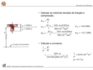 • Calcular as máximas tensões de tracção e
compressão.
49
49
mm10868
m038.0mkN3
mm10868
m022.0mkN3
−
−
×
×⋅
−=−=
×
×⋅
==
=
I
cM
I
cM
I
Mc
B
B
A
A
m
σ
σ
σ
MPa0.76+=Aσ
MPa3.131−=Bσ
• Calcular a curvatura.
( )( )49-
m10868GPa165
mkN3
1
×
⋅
=
=
EI
M
ρ
m7.47
m1095.20
1 1-3
=
×= −
ρ
ρ
DEMGi - Departamento de Engenharia Mecânica e Gestão Industrial
Resistência dos Materiais
 