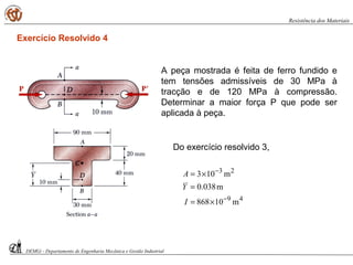 A peça mostrada é feita de ferro fundido e
tem tensões admissíveis de 30 MPa à
tracção e de 120 MPa à compressão.
Determinar a maior força P que pode ser
aplicada à peça.
Do exercício resolvido 3,
49
23
m10868
m038.0
m103
−
−
×=
=
×=
I
Y
A
Exercício Resolvido 4
DEMGi - Departamento de Engenharia Mecânica e Gestão Industrial
Resistência dos Materiais
 