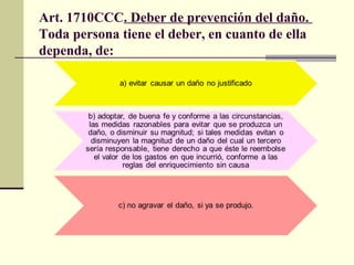 Art. 1710CCC. Deber de prevención del daño.
Toda persona tiene el deber, en cuanto de ella
dependa, de:
 