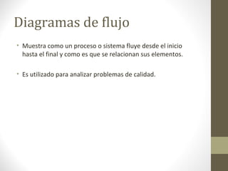 Diagramas de flujo
• Muestra como un proceso o sistema fluye desde el inicio
hasta el final y como es que se relacionan sus elementos.
• Es utilizado para analizar problemas de calidad.
 
