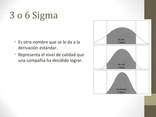 3 o 6 Sigma
• Es otro nombre que se le da a la
derivación estándar.
• Representa el nivel de calidad que
una compañía ha decidido lograr.
 