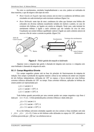 Eletrotécnica Geral – IX. Motores Elétricos
© DLSR/JCFC - UNESP/FEG/DEE 2/2
No rotor os enrolamentos, enrolados longitudinalmente a seu eixo, podem ser realizados de
duas maneiras, o que dá origem a dois tipos de rotor:
§ Rotor Gaiola de Esquilo: tipo mais comum, tem no rotor os condutores da bobinas curto-
circuitados em cada terminal por anéis terminais contínuos (figura 2.a).
§ Rotor Bobinado: neste tipo de rotor, condutores de cobre que formam uma bobina são
colocados em diversas ranhuras (usualmente isolados do núcleo) e podem, no caso de
existirem três bobinas, ser ligados em estrela ou triângulo. Neste caso, cada terminal do
enrolamento trifásico é ligado a anéis coletores que são isolados do eixo do rotor.
Usualmente um resistor trifásico equilibrado variável é ligado aos anéis coletores através de
escovas a fim de variar a corrente na partida. (figura 2.b).
( a ) ( b )
Barras
Anéis de
Curto-Circuito Enrolamentos Terminais dos enrolamentos
Escovas
Anéis Coletores
(deslizantes)
Figura 2 – Rotor gaiola de esquilo e bobinado
Algumas vezes a máquina tipo gaiola é chamada de máquina sem escovas e a máquina com
rotor bobinado é chamada de máquina de anéis.
IX.1.1 Campo Magnético Girante
Um campo magnético girante está na base do princípio de funcionamento da máquina de
indução. Este campo é produzido da seguinte maneira: coloca-se nas ranhuras do estator um conjunto
de três bobinas independentes, defasadas de 120° no espaço, e faz-se circular por estas bobinas
correntes trifásicas defasadas de 120° no tempo. Estas correntes trifásicas, aplicadas às bobinas do
estator podem ser representadas por:
A)120sen(.)(
A)120sen(.)(
A)sen(.)(
°+=
°−=
=
tIti
tIti
tIti
c
b
a
ω
ω
ω
Toda bobina quando percorrida por uma corrente produz um campo magnético cuja fmm é
dada por )(.)( tiNt =ℑ . A fmm produzida pelas correntes trifásicas é dada então por:
A)120sen(..)(
A)120sen(..)(
A)sen(..)(
°+=ℑ
°−=ℑ
=ℑ
tINt
tINt
tINt
c
b
a
ω
ω
ω
Se as três bobinas estiverem orientadas segundo um eixo comum a força resultante será nula
( 0)()()( =ℑ+ℑ+ℑ ttt cba ). Como as três bobinas estão defasadas no espaço de 120°, adotando-se
a bobina percorrida por ( )tia (aa´) na referência tem-se:
 
