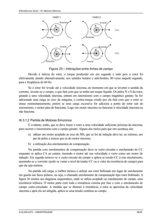 Eletrotécnica Geral – IX. Motores Elétricos
© DLSR/JCFC - UNESP/FEG/DEE 26/26
a
Atração
Repulsão
CASO 1 CASO 2
a
Atração
Repulsão
X
a'
Atração
Repulsão
X
Atração
Repulsão
a'
( a )
( b )
Figura 25 – Interações entre linhas de campo
Devido à inércia do rotor, o torque produzido em um segundo é nulo pois o rotor foi
efetivamente atraído alternativamente, nos sentidos horário e anti-horário, 60 vezes naquele segundo,
para a freqüência de 60 Hz.
Se o rotor for levado até a velocidade síncrona, no momento em que se inverter o sentido da
corrente, inverte-se o campo, o que fará com que se tenha um torque líquido. Os pólos N e S do rotor,
girando a uma velocidade síncrona, entram em sincronismo com o campo magnético girante. Se for
adicionada uma carga ao eixo da máquina, o contra-torque criado por ela fará com que o rotor se
atrase momentaneamente, porém se uma carga excessiva for adiciona a ponto do rotor sair do
sincronismo, o motor pára de funcionar. Logo um motor síncrono ou funciona à velocidade síncrona ou
não funciona.
IX.3.1.2 Partida de Motores Síncronos
É evidente, então, que se deve trazer o rotor a uma velocidade suficiente próxima da síncrona,
para ocorrer o sincronismo com o campo girante. Alguns dos meios para que isto aconteça são:
a) utilizar um motor acoplado ao eixo do MS, que se for de indução deve ter, no mínimo, um
par de pólos a menos que os do motor síncrono.
b) a utilização dos enrolamentos de compensação.
Na partida com enrolamentos de compensação deve-se curto-circuitar o enrolamento de CC
enquanto se aplica CA ao estator, trazendo o motor até sua velocidade a vazio como um motor de
indução. Em seguida remove-se o curto-circuito do campo e aplica-se tensão CC à este enrolamento,
ajustando-se a corrente (pode-se variar o nível de tensão CC ou o valor da resistência de campo) para
que ela seja mínima.
Na partida sob carga, a melhor técnica é utilizar um rotor bobinado em lugar do enrolamento
em gaiola nas faces polares, ou seja, o chamado enrolamento de compensação tipo rotor bobinado. A
figura 26 mostra um diagrama esquemático, onde se utiliza acoplado ao enrolamento de campo, uma
resistência trifásica. O motor parte com toda a resistência externa por fase e com o enrolamento de
campo curto-circuitado. A medida que se diminui a resistência, o rotor se aproxima da velocidade
síncrona e após ela ser atingida, aplica-se uma tensão contínua ao campo.
 