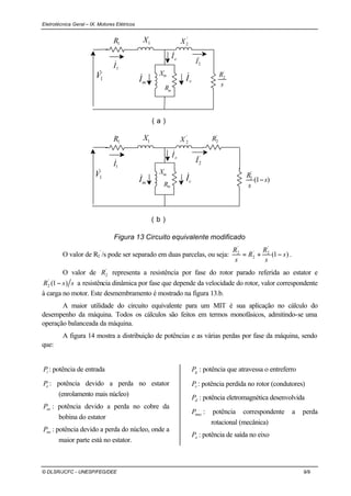 Eletrotécnica Geral – IX. Motores Elétricos
© DLSR/JCFC - UNESP/FEG/DEE 9/9
mR
mX
1X1R
eI&
1I&
'
2X
'
2I&
( a )
mR
mX
1X1R
eI&
1I&
'
2X
)1(
'
2
s
s
R
−
'
2I&
( b )
1V&
1V&
'
2R
s
R'
2
cI&
mI&
cI&
mI&
Figura 13 Circuito equivalente modificado
O valor de R2
’
/s pode ser separado em duas parcelas, ou seja: )1(
'
2'
2
'
2
s
s
R
R
s
R
−+= .
O valor de '
2R representa a resistência por fase do rotor parado referida ao estator e
ssR )1('
2 − a resistência dinâmica por fase que depende da velocidade do rotor, valor correspondente
à carga no motor. Este desmembramento é mostrado na figura 13.b.
A maior utilidade do circuito equivalente para um MIT é sua aplicação no cálculo do
desempenho da máquina. Todos os cálculos são feitos em termos monofásicos, admitindo-se uma
operação balanceada da máquina.
A figura 14 mostra a distribuição de potências e as várias perdas por fase da máquina, sendo
que:
iP : potência de entrada
eP : potência devido a perda no estator
(enrolamento mais núcleo)
eeP : potência devido a perda no cobre da
bobina do estator
neP : potência devido a perda do núcleo, onde a
maior parte está no estator.
gP : potência que atravessa o entreferro
rP : potência perdida no rotor (condutores)
dP : potência eletromagnética desenvolvida
mecP : potência correspondente a perda
rotacional (mecânica)
oP : potência de saída no eixo
 