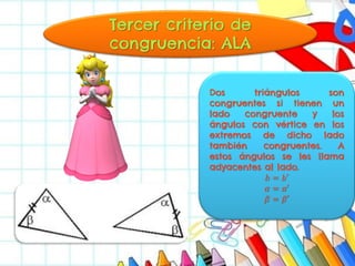 Tercer criterio de congruencia: ALA Dos triángulos son congruentes si tienen un lado congruente y los ángulos con vértice en los extremos de dicho lado también congruentes. A estos ángulos se les llama adyacentes al lado. 푏=푏′ 훼=훼′ 훽=훽′  