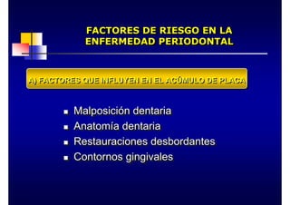FACTORES DE RIESGO EN LA
ENFERMEDAD PERIODONTAL
FACTORES DE RIESGO EN LA
FACTORES DE RIESGO EN LA
ENFERMEDAD PERIODONTAL
ENFERMEDAD PERIODONTAL
„ Malposición dentaria
„ Anatomía dentaria
„ Restauraciones desbordantes
„ Contornos gingivales
„
„ Malposici
Malposició
ón dentaria
n dentaria
„
„ Anatom
Anatomí
ía dentaria
a dentaria
„
„ Restauraciones desbordantes
Restauraciones desbordantes
„
„ Contornos gingivales
Contornos gingivales
A) FACTORES QUE INFLUYEN EN EL ACÚMULO DE PLACA
A) FACTORES QUE INFLUYEN EN EL AC
A) FACTORES QUE INFLUYEN EN EL ACÚ
ÚMULO DE PLACA
MULO DE PLACA
 