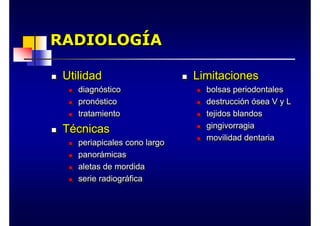 RADIOLOGÍA
RADIOLOG
RADIOLOGÍ
ÍA
A
„ Utilidad
„ diagnóstico
„ pronóstico
„ tratamiento
„ Técnicas
„ periapicales cono largo
„ panorámicas
„ aletas de mordida
„ serie radiográfica
„
„ Utilidad
Utilidad
„
„ diagn
diagnó
óstico
stico
„
„ pron
pronó
óstico
stico
„
„ tratamiento
tratamiento
„
„ T
Té
écnicas
cnicas
„
„ periapicales cono largo
periapicales cono largo
„
„ panor
panorá
ámicas
micas
„
„ aletas de mordida
aletas de mordida
„
„ serie radiogr
serie radiográ
áfica
fica
„ Limitaciones
„ bolsas periodontales
„ destrucción ósea V y L
„ tejidos blandos
„ gingivorragia
„ movilidad dentaria
„
„ Limitaciones
Limitaciones
„
„ bolsas periodontales
bolsas periodontales
„
„ destrucci
destrucció
ón
n ó
ósea V y L
sea V y L
„
„ tejidos blandos
tejidos blandos
„
„ gingivorragia
gingivorragia
„
„ movilidad dentaria
movilidad dentaria
 