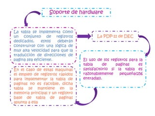 Soporte de hardware


La tabla se implementa como
un conjunto de registros                 La PDP-11 de DEC
dedicados,     estos  deberán
construirse con una lógica de
muy alta velocidad para que la
traducción de direcciones de
pagina sea eficiente.             El uso de los registros para la
                                  tabla     de    paginas      es
En el caso de estas maquinas      satisfactorio si la tabla es
el empleo de registros rápidos    razonablemente     pequeña(256
para implementar la tabla de      entradas).
paginas no es factible, dicha
tabla se mantiene en la
memoria principal y un registro
base de tabla de paginas
apunta a ella
 