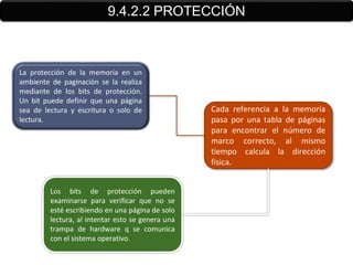 9.4.2.2 PROTECCIÓN



La protección de la memoria en un
ambiente de paginación se la realiza
mediante de los bits de protección.
Un bit puede definir que una página
sea de lectura y escritura o solo de               Cada referencia a la memoria
lectura.                                           pasa por una tabla de páginas
                                                   para encontrar el número de
                                                   marco correcto, al mismo
                                                   tiempo calcula la dirección
                                                   física.


         Los bits de protección pueden
         examinarse para verificar que no se
         esté escribiendo en una página de solo
         lectura, al intentar esto se genera una
         trampa de hardware q se comunica
         con el sistema operativo.
 