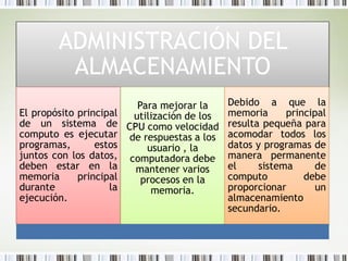 ADMINISTRACIÓN DEL
         ALMACENAMIENTO
                            Para mejorar la     Debido a que la
El propósito principal     utilización de los   memoria      principal
de un sistema de         CPU como velocidad     resulta pequeña para
computo es ejecutar       de respuestas a los   acomodar todos los
programas,       estos        usuario , la      datos y programas de
juntos con los datos,     computadora debe      manera permanente
deben estar en la          mantener varios      el     sistema     de
memoria      principal       procesos en la     computo          debe
durante             la         memoria.         proporcionar        un
ejecución.                                      almacenamiento
                                                secundario.
 