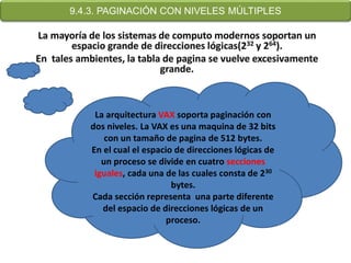 9.4.3. PAGINACIÓN CON NIVELES MÚLTIPLES




    La arquitectura VAX soporta paginación con
   dos niveles. La VAX es una maquina de 32 bits
       con un tamaño de pagina de 512 bytes.
   En el cual el espacio de direcciones lógicas de
      un proceso se divide en cuatro secciones
    iguales, cada una de las cuales consta de 230
                        bytes.
   Cada sección representa una parte diferente
      del espacio de direcciones lógicas de un
                       proceso.
 