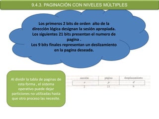 9.4.3. PAGINACIÓN CON NIVELES MÚLTIPLES



                  Los primeros 2 bits de orden alto de la
              dirección lógica designan la sesión apropiada.
              Los siguientes 21 bits presentan el numero de
                                  pagina .
             Los 9 bits finales representan un deslizamiento
                           en la pagina deseada.




Al dividir la tabla de paginas de
     esta forma , el sistema
     operativo puede dejar
particiones no utilizadas hasta
que otro proceso las necesite.
 