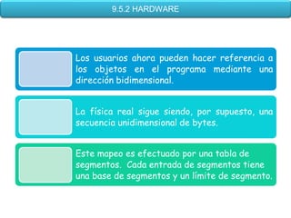 9.5.2 HARDWARE




Los usuarios ahora pueden hacer referencia a
los objetos en el programa mediante una
dirección bidimensional.


La física real sigue siendo, por supuesto, una
secuencia unidimensional de bytes.


Este mapeo es efectuado por una tabla de
segmentos. Cada entrada de segmentos tiene
una base de segmentos y un límite de segmento.
 