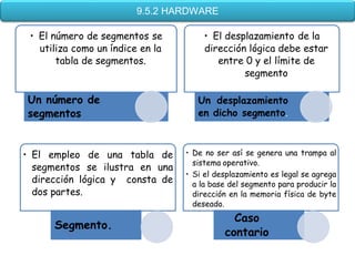 9.5.2 HARDWARE

 • El número de segmentos se           • El desplazamiento de la
   utiliza como un índice en la        dirección lógica debe estar
       tabla de segmentos.                entre 0 y el límite de
                                                segmento

Un número de                         Un desplazamiento
segmentos                            en dicho segmento.



• El empleo de una tabla de       • De no ser así se genera una trampa al
                                    sistema operativo.
  segmentos se ilustra en una
                                  • Si el desplazamiento es legal se agrega
  dirección lógica y consta de      a la base del segmento para producir la
  dos partes.                       dirección en la memoria física de byte
                                    deseado.
                                              Caso
      Segmento.
                                            contario
 