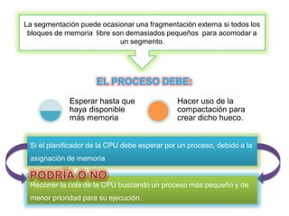 La segmentación puede ocasionar una fragmentación externa si todos los
 bloques de memoria libre son demasiados pequeños para acomodar a
                            un segmento.




                     EL PROCESO DEBE:
             Esperar hasta que                Hacer uso de la
             haya disponible                  compactación para
             más memoria                      crear dicho hueco.


 Si el planificador de la CPU debe esperar por un proceso, debido a la
 asignación de memoria


 Recorrer la cola de la CPU buscando un proceso más pequeño y de
 menor prioridad para su ejecución.
 