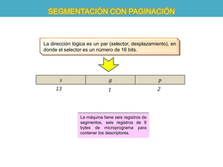 SEGMENTACIÓN CON PAGINACIÓN



La dirección lógica es un par (selector, desplazamiento), en
donde el selector es un número de 16 bits.




       s                      g                      p
     13                       1                      2




                La máquina tiene seis registros de
                segmentos, seis registros de 8
                bytes de microprograma para
                contener los descriptores.
 