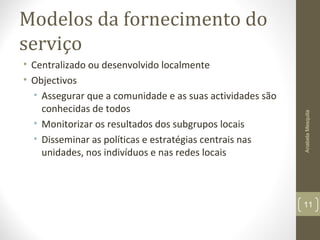 Modelos da fornecimento do
serviço
• Centralizado ou desenvolvido localmente
• Objectivos
• Assegurar que a comunidade e as suas actividades são
conhecidas de todos
• Monitorizar os resultados dos subgrupos locais
• Disseminar as políticas e estratégias centrais nas
unidades, nos indivíduos e nas redes locais
AnabelaMesquita
11
 