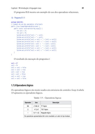 41Capítulo 1 ■ Introdução à linguagem Java
O programa 01.11 mostra um exemplo do uso dos operadores relacionais.
	 Programa01.11
package modulo01;
// Exemplo do uso dos operadores relacionais
public class ExemploOperadorRelacional {
	 public static void main(String args[]) {
			 int var1 = 27;
			 int var2 = 74;
			 System.out.println("var1 = " + var1);
			 System.out.println("var2 = " + var2);
			 System.out.println("var1 == var2 -> " + (var1 == var2));
			 System.out.println("var1 != var2 -> " + (var1 != var2));
			 System.out.println("var1 < var2 -> " + (var1 < var2));
			 System.out.println("var1 > var2 -> " + (var1 > var2));
			 System.out.println("var1 <= var2 -> " + (var1 <= var2));
			 System.out.println("var1 >= var2 -> " + (var1 >= var2));
	 }
}
O resultado da execução do programa é:
var1 = 27
var2 = 74
var1 == var2 -> false
var1 != var2 -> true
var1 < var2 -> true
var1 > var2 -> false
var1 <= var2 -> true
var1 >= var2 -> false
1.7.8 Operadores lógicos
Os operadores lógicos são muito usados em estruturas de controle e loop.A tabela
1.9 apresenta os operadores lógicos.
Tabela 1.9 – Operadores lógicos
Operador Uso Descrição
&& v1 && v2 “E” lógico
|| v1 || v2 “OU” lógico
! !(v1 < v2) Negação lógica
Os operadores apresentados têm como resultado um valor do tipo boolean.
 