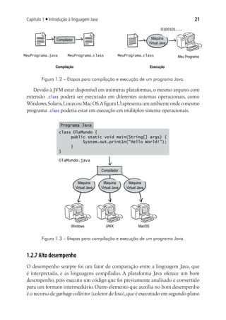 21Capítulo 1 ■ Introdução à linguagem Java
Compilação
MeuPrograma.java MeuPrograma.class
Execução
Compilador
MeuPrograma.class Meu Programa
0100101...
Máquina
Virtual Java
Figura 1.2 – Etapas para compilação e execução de um programa Java.
Devido à JVM estar disponível em inúmeras plataformas, o mesmo arquivo com
extensão .class poderá ser executado em diferentes sistemas operacionais, como
Windows,Solaris,LinuxouMacOS.Afigura1.3apresentaumambienteondeomesmo
programa .class poderia estar em execução em múltiplos sistema operacionais.
Compilador
Windows MacOSUNIX
Programa Java
class OlaMundo {
public static void main(String[] args) {
System.out.print1n("Hello World!");
}
}
OlaMundo.java
Máquina
Virtual Java
Máquina
Virtual Java
Máquina
Virtual Java
Figura 1.3 – Etapas para compilação e execução de um programa Java.
1.2.7 Alto desempenho
O desempenho sempre foi um fator de comparação entre a linguagem Java, que
é interpretada, e as linguagens compiladas. A plataforma Java oferece um bom
desempenho, pois executa um código que foi previamente analisado e convertido
para um formato intermediário. Outro elemento que auxilia no bom desempenho
é o recurso de garbage collector (coletor de lixo),que é executado em segundo plano
 