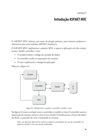 15
capítulo 1
Introdução ASP.NET MVC
O ASP.NET MVC fornece, por meio de design patterns, uma maneira poderosa e
alternativa para criar websites ASP.NET dinâmicos.
O ASP.NET MVC implementa o pattern MVC e separa a aplicação em três compo-
nentes: model, controller e view.
•	 O model contém o código da camada de dados.
•	 O controller recebe as requisições do usuário.
•	 O view implementa o design da aplicação.
Observe a figura 1.1:
Usuário
ControllerController
View
Model B
D
Figura1.1– Relação entre o usuário, o controller, o model e o view.
Na figura1.1vemos a relação entre o controller,o model e o view.O controller aceita a
requisição do usuário,acessa o view e/ou o model.O model acessa o banco de dados.
Ao final, o conteúdo do view é retornado ao usuário.
Obs.: no decorrer deste livro usamos a palavra controlador em vez de controller. As
palavras model e view não foram traduzidas.
 