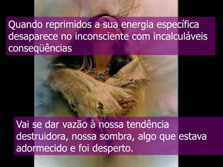 Quando reprimidos a sua energia específica
desaparece no inconsciente com incalculáveis
conseqüências

Vai se dar vazão à nossa tendência
destruidora, nossa sombra, algo que estava
adormecido e foi desperto.

 