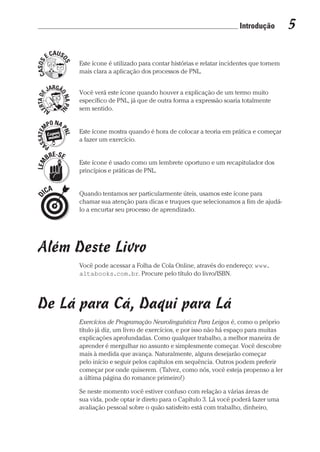 Introdução 5
Prova: CG_Neuro Linguistic Workbook For Dummies
Liberado por: Bianca Teodoro
Este ícone é utilizado para contar histórias e relatar incidentes que tornem
mais clara a aplicação dos processos de PNL.
Você verá este ícone quando houver a explicação de um termo muito
específico de PNL, já que de outra forma a expressão soaria totalmente
sem sentido.
Este ícone mostra quando é hora de colocar a teoria em prática e começar
a fazer um exercício.
Este ícone é usado como um lembrete oportuno e um recapitulador dos
princípios e práticas de PNL.
Quando tentamos ser particularmente úteis, usamos este ícone para
chamar sua atenção para dicas e truques que selecionamos a fim de ajudá-
lo a encurtar seu processo de aprendizado.
Além Deste Livro
Você pode acessar a Folha de Cola Online, através do endereço: www.
altabooks.com.br. Procure pelo título do livro/ISBN.
De Lá para Cá, Daqui para Lá
Exercícios de Programação Neurolinguística Para Leigos é, como o próprio
título já diz, um livro de exercícios, e por isso não há espaço para muitas
explicações aprofundadas. Como qualquer trabalho, a melhor maneira de
aprender é mergulhar no assunto e simplesmente começar. Você descobre
mais à medida que avança. Naturalmente, alguns desejarão começar
pelo início e seguir pelos capítulos em sequência. Outros podem preferir
começar por onde quiserem. (Talvez, como nós, você esteja propenso a ler
a última página do romance primeiro!)
Se neste momento você estiver confuso com relação a várias áreas de
sua vida, pode optar ir direto para o Capítulo 3. Lá você poderá fazer uma
avaliação pessoal sobre o quão satisfeito está com trabalho, dinheiro,
CG_Neurolinguistic_WorkbookFD_PF.indb 5 29/04/2016 09:58:23
 