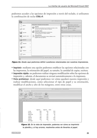 La interfaz de usuario de Microsoft Excel 2007



podremos acceder a las opciones de impresión a través del teclado, si utilizamos
la combinación de teclas CTRL+P.




Figura 11. Desde aquí podremos definir cuestiones relacionadas con nuestras impresiones.

• Imprimir: mediante esta opción podremos establecer las opciones relacionadas con
  las impresoras, la orientación del papel, su tamaño, la cantidad de copias, etcétera.
• Impresión rápida: no podremos realizar ninguna modificación sobre las opciones de
  impresión y, además, el documento se enviará automáticamente a la impresora.
• Vista preliminar: desde aquí podremos ver cómo quedará nuestra impresión y
  realizar modificaciones, como seleccionar el tipo de papel y su orientación,
  modificar el ancho y alto de los márgenes, entre otras cosas.




          Figura 12. En la vista de impresión, podemos ver cómo se imprimirá
            la planilla y, si hay errores, resolverlos antes de llevarlos al papel.


                                                                                       25
 