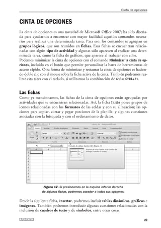 Cinta de opciones



CINTA DE OPCIONES
La cinta de opciones es una novedad de Microsoft Office 2007; ha sido diseña-
da para ayudarnos a encontrar con mayor facilidad aquellos comandos necesa-
rios para realizar una determinada tarea. Para eso, los comandos se agrupan en
grupos lógicos, que son reunidos en fichas. Esas fichas se encuentran relacio-
nadas con algún tipo de actividad y algunas sólo aparecen al realizar una deter-
minada tarea, como la ficha de gráficos, que aparece al trabajar con ellos.
Podemos minimizar la cinta de opciones con el comando Minimizar la cinta de op-
ciones, incluido en el botón que permite personalizar la barra de herramientas de
acceso rápido. Otra forma de minimizar y restaurar la cinta de opciones es hacien-
do doble clic con el mouse sobre la ficha activa de la cinta. También podremos rea-
lizar esta tarea con el teclado, si utilizamos la combinación de teclas CTRL+F1.


Las fichas
Como ya mencionamos, las fichas de la cinta de opciones están agrupadas por
actividades que se encuentran relacionadas. Así, la ficha Inicio posee grupos de
iconos relacionadas con los formatos de las celdas y con su alineación; las op-
ciones para copiar, cortar y pegar porciones de la planilla; y algunas cuestiones
asociadas con la búsqueda y con el ordenamiento de datos.




               Figura 17. Si presionamos en la esquina inferior derecha
              de algunas fichas, podremos acceder a todas sus opciones.

Desde la siguiente ficha, Insertar, podremos incluir tablas dinámicas, gráficos e
imágenes. También podremos introducir algunas cuestiones relacionadas con la
inclusión de cuadros de texto y de símbolos, entre otras cosas.

                                                                                   29
 