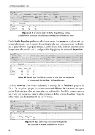 1. INTRODUCCIÓN A EXCEL 2007




                 Figura 18. Al presionar sobre la ficha de gráficos y tablas,
             accederemos a nuevas opciones relacionadas únicamente con ellos.

Desde Diseño de página, podremos seleccionar temas. Los temas son conjuntos de op-
ciones relacionadas con el aspecto de nuestra planilla, que ya se encuentran prediseña-
das y que podremos elegir para trabajar. Dentro de esta ficha también encontraremos
las opciones relacionadas con la configuración de páginas y los ajustes de impresión.




            Figura 19. Desde aquí también podremos ocultar, con un simple clic,
                       el encabezado de las filas y de las columnas.

La ficha Fórmulas se encuentra orientada al manejo de las funciones propias de
Excel. En un primer grupo, encontraremos una Biblioteca de funciones que agru-
pa las distintas fórmulas, de acuerdo a su utilización. También encontraremos
un grupo con comandos para la administración de los grupos de celdas y todo lo
relacionado con la inspección de las fórmulas.




                       Figura 20. Aquí podremos seleccionar si la planilla
                          se calculará en forma automática o manual.


30
 