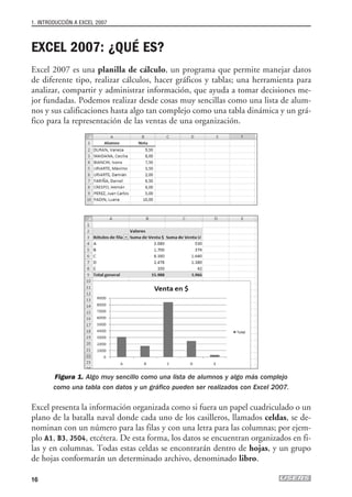 1. INTRODUCCIÓN A EXCEL 2007



EXCEL 2007: ¿QUÉ ES?
Excel 2007 es una planilla de cálculo, un programa que permite manejar datos
de diferente tipo, realizar cálculos, hacer gráficos y tablas; una herramienta para
analizar, compartir y administrar información, que ayuda a tomar decisiones me-
jor fundadas. Podemos realizar desde cosas muy sencillas como una lista de alum-
nos y sus calificaciones hasta algo tan complejo como una tabla dinámica y un grá-
fico para la representación de las ventas de una organización.




        Figura 1. Algo muy sencillo como una lista de alumnos y algo más complejo
        como una tabla con datos y un gráfico pueden ser realizados con Excel 2007.

Excel presenta la información organizada como si fuera un papel cuadriculado o un
plano de la batalla naval donde cada uno de los casilleros, llamados celdas, se de-
nominan con un número para las filas y con una letra para las columnas; por ejem-
plo A1, B3, J504, etcétera. De esta forma, los datos se encuentran organizados en fi-
las y en columnas. Todas estas celdas se encontrarán dentro de hojas, y un grupo
de hojas conformarán un determinado archivo, denominado libro.

16
 