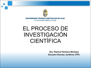 EL PROCESO DE INVESTIGACIÓN CIENTÍFICA Dra. Patricia Pacheco Montoya Escuela Ciencias Jurídicas UTPL 