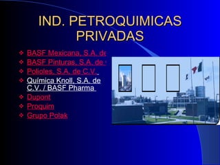IND. PETROQUIMICAS PRIVADAS BASF Mexicana, S.A. de C.V BASF Pinturas, S.A. de C.V. Polioles, S.A. de C.V.   Química Knoll, S.A. de C.V. / BASF Pharma  Dupont Proquim Grupo Polak 