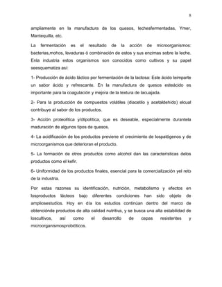 8

ampliamente en la manufactura de los quesos, lechesfermentadas, Ymer,
Mantequilla, etc.

La   fermentación        es   el     resultado   de     la   acción    de   microorganismos:
bacterias,mohos, levaduras ó combinación de estos y sus enzimas sobre la leche.
Enla industria estos organismos son conocidos como cultivos y su papel
seesquematiza así:

1- Producción de ácido láctico por fermentación de la lactosa: Este ácido leimparte
un sabor ácido y refrescante. En la manufactura de quesos esteácido es
importante para la coagulación y mejora de la textura de lacuajada.

2- Para la producción de compuestos volátiles (diacetilo y acetaldehído) elcual
contribuye al sabor de los productos.

3- Acción proteolítica y/ólipolítica, que es deseable, especialmente durantela
maduración de algunos tipos de quesos.

4- La acidificación de los productos previene el crecimiento de lospatógenos y de
microorganismos que deterioran el producto.

5- La formación de otros productos como alcohol dan las características delos
productos como el kefir.

6- Uniformidad de los productos finales, esencial para la comercialización yel reto
de la industria.

Por estas razones su identificación, nutrición, metabolismo y efectos en
losproductos       lácteos    bajo    diferentes      condiciones     han   sido   objeto   de
ampliosestudios. Hoy en día los estudios continúan dentro del marco de
obtenciónde productos de alta calidad nutritiva, y se busca una alta estabilidad de
loscultivos,       así    como        el   desarrollo        de     cepas    resistentes     y
microorganismosprobióticos.
 