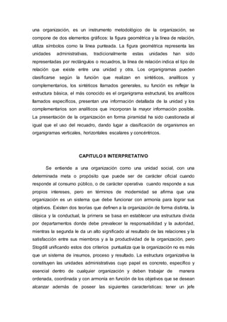 una organización, es un instrumento metodológico de la organización, se 
compone de dos elementos gráficos: la figura geométrica y la línea de relación, 
utiliza símbolos como la línea punteada. La figura geométrica representa las 
unidades administrativas, tradicionalmente estas unidades han sido 
representadas por rectángulos o recuadros, la línea de relación indica el tipo de 
relación que existe entre una unidad y otra. Los organigramas pueden 
clasificarse según la función que realizan en sintéticos, analíticos y 
complementarios, los sintéticos llamados generales, su función es reflejar la 
estructura básica, el más conocido es el organigrama estructural, los analíticos 
llamados específicos, presentan una información detallada de la unidad y los 
complementarios son analíticos que incorporan la mayor información posible. 
La presentación de la organización en forma piramidal ha sido cuestionada al 
igual que el uso del recuadro, dando lugar a clasificación de organismos en 
organigramas verticales, horizontales escalares y concéntricos. 
CAPITULO II INTERPRETATIVO 
Se entiende a una organización como una unidad social, con una 
determinada meta o propósito que puede ser de carácter oficial cuando 
responde al consumo público, o de carácter operativa cuando responde a sus 
propios intereses, pero en términos de modernidad se afirma que una 
organización es un sistema que debe funcionar con armonía para lograr sus 
objetivos. Existen dos teorías que definen a la organización de forma distinta, la 
clásica y la conductual, la primera se basa en establecer una estructura divida 
por departamentos donde debe prevalecer la responsabilidad y la autoridad, 
mientras la segunda le da un alto significado al resultado de las relaciones y la 
satisfacción entre sus miembros y a la productividad de la organización, pero 
Stogdill unificando estos dos criterios puntualiza que la organización no es más 
que un sistema de insumos, proceso y resultado. La estructura organizativa la 
constituyen las unidades administrativas cuyo papel es concreto, específico y 
esencial dentro de cualquier organización y deben trabajar de manera 
ordenada, coordinada y con armonía en función de los objetivos que se desean 
alcanzar además de poseer las siguientes características: tener un jefe 
 