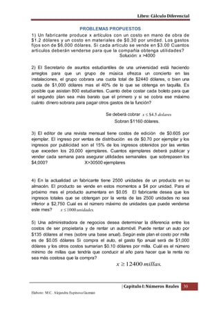 Libro: Cálculo Diferencial
| Capitulo I: Números Reales 30
Elaboro: M.C. Alejandra Espinosa Guzmán
PROBLEMAS PROPUESTOS
1) Un fabricante produce x artículos con un costo en mano de obra de
$1.2 dòlares y un costo en materiales de $0.30 por unidad. Los gastos
fijos son de $6,000 dólares. Si cada articulo se vende en $3.00 Cuantos
articulos deberán venderse para que la compañía obtenga utilidades?
Solución: x >4000
2) El Secretario de asuntos estudiantiles de una universidad está haciendo
arreglos para que un grupo de música ofrezca un concierto en las
instalaciones, el grupo cobrara una cuota total de $2440 dólares, o bien una
cuota de $1,000 dólares mas el 40% de lo que se obtenga en taquilla. Es
posible que asistan 800 estudiantes. Cuanto debe costar cada boleto para que
el segundo plan sea más barato que el primero y si se cobra ese máximo
cuánto dinero sobrara para pagar otros gastos de la función?
Se deberá cobrar dolaresx 5.4$
Sobran $1160 dólares.
3) El editor de una revista mensual tiene costos de edición de $0.605 por
ejemplar. El ingreso por ventas de distribución es de $0.70 por ejemplar y los
ingresos por publicidad son el 15% de los ingresos obtenidos por las ventas
que exceden los 20,000 ejemplares. Cuantos ejemplares deberá publicar y
vender cada semana para asegurar utilidades semanales que sobrepasen los
$4,000? X>30500 ejemplares
4) En la actualidad un fabricante tiene 2500 unidades de un producto en su
almacén. El producto se vende en estos momentos a $4 por unidad. Para el
próximo mes el producto aumentara en $0.05 El fabricante desea que los
ingresos totales que se obtengan por la venta de las 2500 unidades no sea
inferior a $2,750 Cual es el número máximo de unidades que puede venderse
este mes? .1000 unidadesx 
5) Una administradora de negocios desea determinar la diferencia entre los
costos de ser propietaria y de rentar un automóvil. Puede rentar un auto por
$135 dólares al mes (sobre una base anual). Según este plan el costo por milla
es de $0.05 dólares Si compra el auto, el gasto fijo anual será de $1,000
dólares y los otros costos sumarian $0.10 dólares por milla. Cuál es el número
mínimo de millas que tendría que conducir al año para hacer que la renta no
sea más costosa que la compra?
.12400 millasx 
 