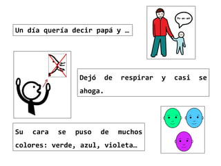 Un día quería decir papá y …
Dejó de respirar y casi se
ahoga.
Su cara se puso de muchos
colores: verde, azul, violeta…
 