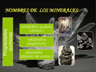 NOMBRES DE LOS MINERALES
Propiedades
químicas
ANHIDRITA (sulfato
cálcico )
ARGENTITA
(argentum)
URANINITA
(dióxido de uranio )
 
