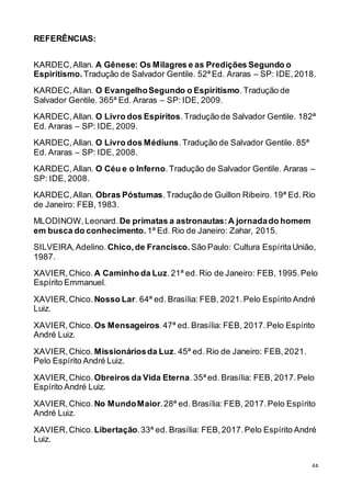 44
REFERÊNCIAS:
KARDEC,Allan. A Gênese: Os Milagres e as Predições Segundo o
Espiritismo. Tradução de Salvador Gentile. 52ª Ed. Araras – SP: IDE,2018.
KARDEC,Allan. O EvangelhoSegundo o Espiritismo.Tradução de
Salvador Gentile. 365ª Ed. Araras – SP: IDE, 2009.
KARDEC,Allan. O Livro dos Espíritos.Tradução de Salvador Gentile. 182ª
Ed. Araras – SP: IDE, 2009.
KARDEC,Allan. O Livro dos Médiuns.Tradução de Salvador Gentile. 85ª
Ed. Araras – SP: IDE, 2008.
KARDEC,Allan. O Céu e o Inferno.Tradução de Salvador Gentile. Araras –
SP: IDE, 2008.
KARDEC,Allan. Obras Póstumas.Tradução de Guillon Ribeiro. 19ª Ed. Rio
de Janeiro: FEB,1983.
MLODINOW,Leonard. De primatas a astronautas:A jornadado homem
em busca do conhecimento. 1ª Ed. Rio de Janeiro: Zahar, 2015.
SILVEIRA,Adelino. Chico,de Francisco. São Paulo: Cultura EspíritaUnião,
1987.
XAVIER,Chico. A Caminho da Luz.21ª ed. Rio de Janeiro: FEB, 1995.Pelo
Espírito Emmanuel.
XAVIER,Chico. Nosso Lar. 64ª ed. Brasília: FEB, 2021.Pelo Espírito André
Luiz.
XAVIER,Chico. Os Mensageiros.47ª ed. Brasília: FEB, 2017.Pelo Espírito
André Luiz.
XAVIER,Chico. Missionáriosda Luz. 45ª ed. Rio de Janeiro: FEB,2021.
Pelo Espírito André Luiz.
XAVIER,Chico. Obreiros da Vida Eterna.35ª ed. Brasília: FEB, 2017.Pelo
Espírito André Luiz.
XAVIER,Chico. No MundoMaior.28ª ed. Brasília: FEB, 2017.Pelo Espírito
André Luiz.
XAVIER,Chico. Libertação.33ª ed. Brasília: FEB,2017.Pelo Espírito André
Luiz.
 