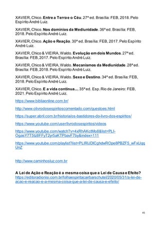 45
XAVIER,Chico. Entre a Terrae o Céu.27ª ed. Brasília: FEB, 2018.Pelo
Espírito André Luiz.
XAVIER,Chico. Nos domínios da Mediunidade.36ª ed. Brasília: FEB,
2018.Pelo Espírito André Luiz.
XAVIER,Chico. Ação e Reação.30ª ed. Brasília: FEB, 2017.Pelo Espírito
André Luiz.
XAVIER,Chico & VIEIRA,Waldo. Evolução em dois Mundos.27ª ed.
Brasília: FEB,2017.Pelo Espírito André Luiz.
XAVIER,Chico & VIEIRA,Waldo. Mecanismos da Mediunidade.28ª ed.
Brasília: FEB,2018.Pelo Espírito André Luiz.
XAVIER,Chico & VIEIRA,Waldo. Sexo e Destino.34ª ed. Brasília: FEB,
2018.Pelo Espírito André Luiz.
XAVIER,Chico. E a vida continua....35ª ed. Esp.Rio de Janeiro: FEB,
2021.Pelo Espírito André Luiz.
https://www.bibliaonline.com.br/
http://www.olivrodosespiritoscomentado.com/questoes.html
https://super.abril.com.br/historia/os-bastidores-do-livro-dos-espiritos/
https://www.youtube.com/user/livrodosespiritos/videos
https://www.youtube.com/watch?v=4xRhAKctMo8&list=PLI-
OgasY7T5tz8FFyT2yr5aKTPbavF7by&index=111
https://www.youtube.com/playlist?list=PLlRlJDlCghdwROpe8PBZF5_wFxlJqq
UnZ
http://www.caminhosluz.com.br
A Lei de Ação e Reação é a mesma coisa que a Lei de Causa e Efeito?
https://editoradionisi.com.br/folhaespiritacairbarschutel/2020/05/31/a-lei-de-
acao-e-reacao-e-a-mesma-coisa-que-a-lei-de-causa-e-efeito/
 