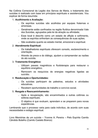 Na Colônia Correcional da Legião dos Servos de Maria, o tratamento dos
suicidas é realizado com base em princípios espirituais e assistenciais. Vou
explicar de forma resumida:
1. Acolhimento e Avaliação:
o Os espíritos suicidas são acolhidos por equipes fraternas e
amorosas.
o Geralmente estão confinados na região fluídica denominada Vale
dos Suicidas, agrupados pela lei da atração ou afinidade;
o Esse local é descrito como um estado de aflição e sofrimento,
onde os espíritos enfrentam as consequências de suas ações;
o São avaliados quanto ao estado mental, emocional e espiritual.
2. Atendimento Espiritual:
o Os trabalhadores espirituais oferecem consolo, esclarecimento e
orientação.
o Através da prece e do diálogo, ajudam a compreender as razões
do ato suicida.
3. Tratamento Energético:
o Utilizam passes magnéticos e fluidoterapia para restaurar o
equilíbrio energético.
o Removem os resquícios de energias negativas ligadas ao
suicídio.
4. Reeducação e Oportunidades:
o Os suicidas participam de palestras, estudos e atividades
educativas.
o Recebem oportunidades de trabalho e convívio social.
5. Resgate e Reencaminhamento:
o Após a recuperação, são encaminhados a outras colônias ou
esferas espirituais.
o O objetivo é que evoluam, aprendam e se preparem para novas
experiências.
Lembrando que o processo varia para cada indivíduo, de acordo com suas
necessidades e estágio espiritual.
Livro Memórias de um suicida – Yvonne A. Pereira – Pelo Espírito Camilo
Cândido Botelho (Camilo Castelo Branco)
31
 