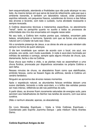 bem esquematizada, atendendo a finalidades que não pude alcançar no seu
todo. Ao mesmo tempo em que serve de local de refazimento, pela paz que o
ambiente transmite, é também um laboratório natural, onde presenciei
espíritos retirando, em pequenos frascos, substâncias do tronco e das folhas
das árvores e levando, com todo o cuidado, numa atividade incessante e
sempre revezada.
A Colônia desenvolve técnicas e tratamentos específicos, no atendimento
"renal", tanto no perispírito quanto no auxílio a todos os processos de
enfermidade dos rins dos encarnados em resgate nesse setor.
No seu todo, a Colônia tem muitos pontos que, visitados, encantam pela
beleza, simplicidade e harmonia, fazendo com que se forme uma sintonia
natural com o Criador de tudo isso: Deus.
Há a constante presença de Jesus, e as obras de arte as quais retratam são
sempre na forma de quem abençoa.
O dia tem tonalidade que variam de acordo com o local, ora azul, ora
amarela, ora verde, com muita suavidade. A noite é azul-claro iluminada por
milhões de estrelas e começa, sempre após alguns minutos de chuva, que,
diariamente, fecha o dia na Colônia.
Essa chuva que molha o chão, e as plantas mais se assemelham a uma
chuva fluídica, provocada por dispositivos acionados na própria Colônia e
sem falha.
Nesses minutos de chuva, os abacateiros ficam como que eletrificados,
emitindo faíscas, como se fossem fogos de artifícios, dando à Colônia um
cenário fantástico.
Ninguém se aproxima das árvores nesses momentos.
Após o espetáculo natural, as abundantes faíscas emitidas deixam uma
suave claridade, tornando a noite azul-claro, e o brilho das estrelas parece
ser mais intenso, refletindo-se até nas pedrinhas do solo.
A partir disso, as árvores ficam novamente saturadas de energias sutis, para
servirem aos trabalhadores do Senhor nas tarefas de socorro, com sua seiva
curativa.
(Não vi nenhum abacate; apenas, os abacateiros).
Do Livro Moradas Espirituais - Visita a Vinte Colônias Espirituais -
Coordenado pelo Espírito Joaninha Darque - pela médium Vânia Arantes
Damo.
Colônia Espiritual Amigos da dor
36
 