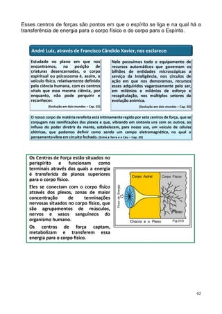 Esses centros de forças são pontos em que o espírito se liga e na qual há a
transferência de energia para o corpo físico e do corpo para o Espírito.
62
 