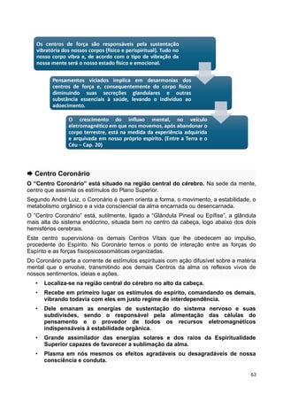  Centro Coronário
O “Centro Coronário” está situado na região central do cérebro. Na sede da mente,
centro que assimila os estímulos do Plano Superior.
Segundo André Luiz, o Coronário é quem orienta a forma, o movimento, a estabilidade, o
metabolismo orgânico e a vida consciencial da alma encarnada ou desencarnada.
O “Centro Coronário” está, sutilmente, ligado a “Glândula Pineal ou Epífise”, a glândula
mais alta do sistema endócrino, situada bem no centro da cabeça, logo abaixo dos dois
hemisférios cerebrais.
Este centro supervisiona os demais Centros Vitais que lhe obedecem ao impulso,
procedente do Espírito. No Coronário temos o ponto de interação entre as forças do
Espírito e as forças físiopsicossomáticas organizadas.
Do Coronário parte a corrente de estímulos espirituais com ação difusível sobre a matéria
mental que o envolve, transmitindo aos demais Centros da alma os reflexos vivos de
nossos sentimentos, ideias e ações.
• Localiza-se na região central do cérebro no alto da cabeça.
• Recebe em primeiro lugar os estímulos do espírito, comandando os demais,
vibrando todavia com eles em justo regime de interdependência.
• Dele emanam as energias de sustentação do sistema nervoso e suas
subdivisões, sendo o responsável pela alimentação das células do
pensamento e o provedor de todos os recursos eletromagnéticos
indispensáveis à estabilidade orgânica.
• Grande assimilador das energias solares e dos raios da Espiritualidade
Superior capazes de favorecer a sublimação da alma.
• Plasma em nós mesmos os efeitos agradáveis ou desagradáveis de nossa
consciência e conduta.
63
 