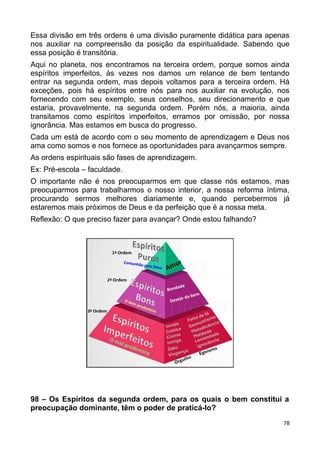 Essa divisão em três ordens é uma divisão puramente didática para apenas
nos auxiliar na compreensão da posição da espiritualidade. Sabendo que
essa posição é transitória.
Aqui no planeta, nos encontramos na terceira ordem, porque somos ainda
espíritos imperfeitos, às vezes nos damos um relance de bem tentando
entrar na segunda ordem, mas depois voltamos para a terceira ordem. Há
exceções, pois há espíritos entre nós para nos auxiliar na evolução, nos
fornecendo com seu exemplo, seus conselhos, seu direcionamento e que
estaria, provavelmente, na segunda ordem. Porém nós, a maioria, ainda
transitamos como espíritos imperfeitos, erramos por omissão, por nossa
ignorância. Mas estamos em busca do progresso.
Cada um está de acordo com o seu momento de aprendizagem e Deus nos
ama como somos e nos fornece as oportunidades para avançarmos sempre.
As ordens espirituais são fases de aprendizagem.
Ex: Pré-escola – faculdade.
O importante não é nos preocuparmos em que classe nós estamos, mas
preocuparmos para trabalharmos o nosso interior, a nossa reforma íntima,
procurando sermos melhores diariamente e, quando percebermos já
estaremos mais próximos de Deus e da perfeição que é a nossa meta.
Reflexão: O que preciso fazer para avançar? Onde estou falhando?
98 – Os Espíritos da segunda ordem, para os quais o bem constitui a
preocupação dominante, têm o poder de praticá-lo?
78
 
