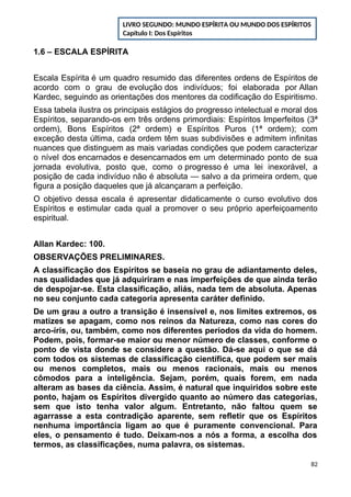 1.6 – ESCALA ESPÍRITA
Escala Espírita é um quadro resumido das diferentes ordens de Espíritos de
acordo com o grau de evolução dos indivíduos; foi elaborada por Allan
Kardec, seguindo as orientações dos mentores da codificação do Espiritismo.
Essa tabela ilustra os principais estágios do progresso intelectual e moral dos
Espíritos, separando-os em três ordens primordiais: Espíritos Imperfeitos (3ª
ordem), Bons Espíritos (2ª ordem) e Espíritos Puros (1ª ordem); com
exceção desta última, cada ordem têm suas subdivisões e admitem infinitas
nuances que distinguem as mais variadas condições que podem caracterizar
o nível dos encarnados e desencarnados em um determinado ponto de sua
jornada evolutiva, posto que, como o progresso é uma lei inexorável, a
posição de cada indivíduo não é absoluta — salvo a da primeira ordem, que
figura a posição daqueles que já alcançaram a perfeição.
O objetivo dessa escala é apresentar didaticamente o curso evolutivo dos
Espíritos e estimular cada qual a promover o seu próprio aperfeiçoamento
espiritual.
Allan Kardec: 100.
OBSERVAÇÕES PRELIMINARES.
A classificação dos Espíritos se baseia no grau de adiantamento deles,
nas qualidades que já adquiriram e nas imperfeições de que ainda terão
de despojar-se. Esta classificação, aliás, nada tem de absoluta. Apenas
no seu conjunto cada categoria apresenta caráter definido.
De um grau a outro a transição é insensível e, nos limites extremos, os
matizes se apagam, como nos reinos da Natureza, como nas cores do
arco-íris, ou, também, como nos diferentes períodos da vida do homem.
Podem, pois, formar-se maior ou menor número de classes, conforme o
ponto de vista donde se considere a questão. Dá-se aqui o que se dá
com todos os sistemas de classificação científica, que podem ser mais
ou menos completos, mais ou menos racionais, mais ou menos
cômodos para a inteligência. Sejam, porém, quais forem, em nada
alteram as bases da ciência. Assim, é natural que inquiridos sobre este
ponto, hajam os Espíritos divergido quanto ao número das categorias,
sem que isto tenha valor algum. Entretanto, não faltou quem se
agarrasse a esta contradição aparente, sem refletir que os Espíritos
nenhuma importância ligam ao que é puramente convencional. Para
eles, o pensamento é tudo. Deixam-nos a nós a forma, a escolha dos
termos, as classificações, numa palavra, os sistemas.
82
LIVRO SEGUNDO: MUNDO ESPÍRITA OU MUNDO DOS ESPÍRITOS
Capítulo I: Dos Espíritos
 