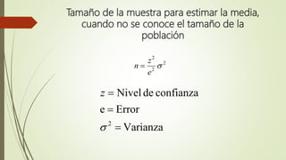 Tamaño de la muestra para estimar la media,
cuando no se conoce el tamaño de la
población
2
2
2

e
z
n 
Varianza
Errore
confianzadeNivel
2




z
 