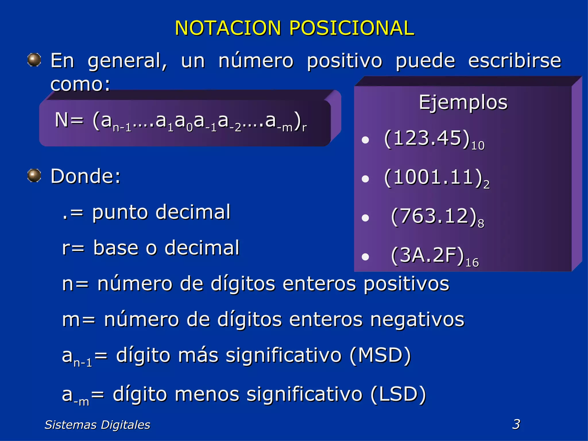 Sistemas Digitales  NOTACION POSICIONAL En general, un número positivo puede escribirse como: N= (a n-1 ….a 1 a 0 a -1 a -2 ….a -m ) r Donde: .= punto decimal r= base o decimal n= número de dígitos enteros positivos m= número de dígitos enteros negativos a n-1 = dígito más significativo (MSD) a -m = dígito menos significativo (LSD) Ejemplos (123.45) 10 (1001.11) 2 (763.12) 8 (3A.2F) 16 